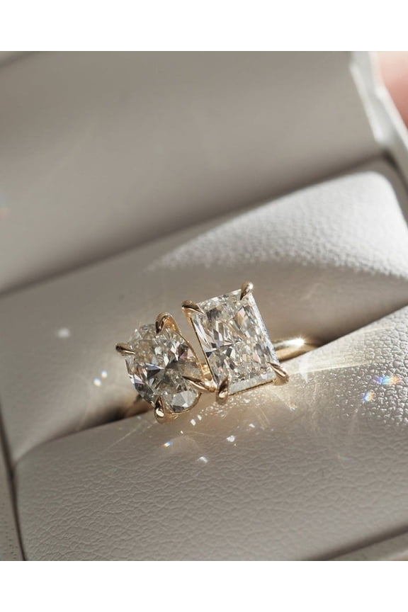 2TCW Oval & Radiant Moissanite Diamond Two Stone Style Engagement Ring, Toi Et Moi Ring for Women, 10k Yellow Gold Solitaire Ring