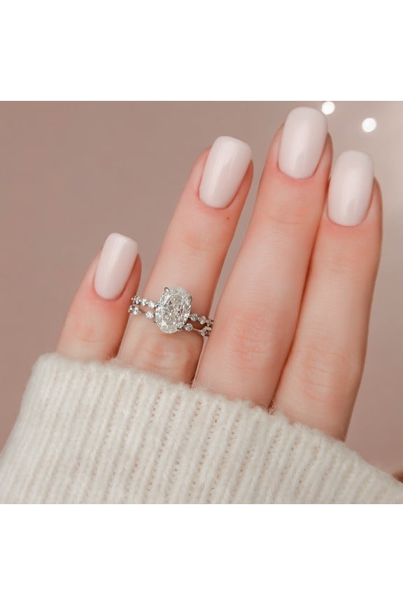 3.00CT Oval Moissanite Diamond Engagement Ring With Pave Band Set 10K White Gold