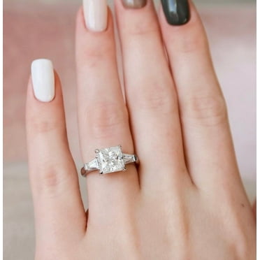 SOLITAIRE JEWELS 3.00CT Princess & Tapered Baguette Cut Three Stone Moissanite Engagement Ring Solid 10k White Gold