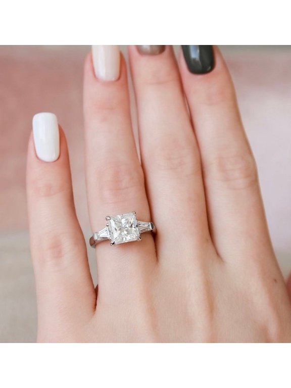 3.00CT Princess & Tapered Baguette Cut Three Stone Moissanite Engagement Ring Solid 14k White Gold, 14k White Gold Solitaire Ring