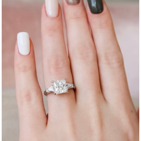 SOLITAIRE JEWELS 3.00CT Princess & Tapered Baguette Cut Three Stone Moissanite Engagement Ring Solid 18k White Gold, 18k White Gold Solitaire Ring
