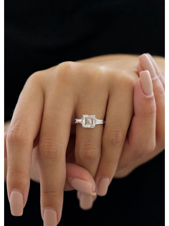 3.00ct Asscher & Tapered Baguette Moissanite Diamond 3 Stones Engagement Ring for Women Solid 14k Yellow Gold, 14k Yellow Gold Solitaire Ring