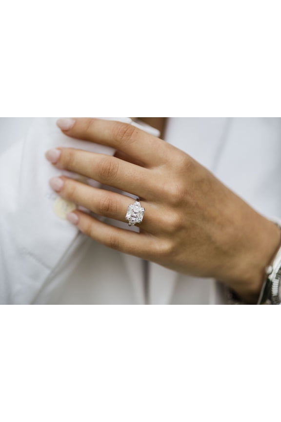 3.10CT Asscher Three Stone Moissanite Side Trapezoid Diamond Engagement Ring for Women Solid 18k Yellow Gold, 18k Yellow Gold Solitaire Ring