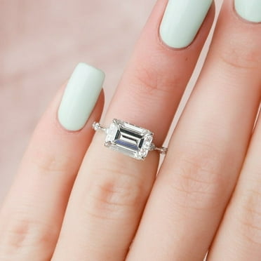 SOLITAIRE JEWELS 3.10CT Emerald Cut Solitaire & Dainty Distance Pave Moissanite Engagement Ring for Women Solid 10k Yellow Gold