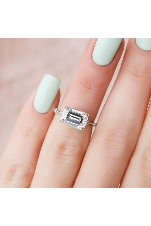 3.10CT Emerald Cut Solitaire & Dainty Distance Pave Moissanite Engagement Ring for Women Solid 10k Yellow Gold