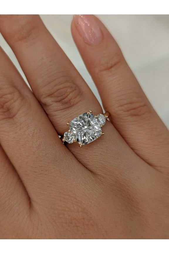 3.1Ct Cushion Moissanite Diamond 3 Stones Engagement Solitaire Ring for Women Solid 10k Yellow Gold