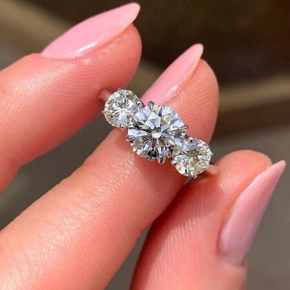 SOLITAIRE JEWELS 3.50TCW Round Cut Moissanite Three Stone Engagement Ring Solid 18K White Gold Ring Size 5.5