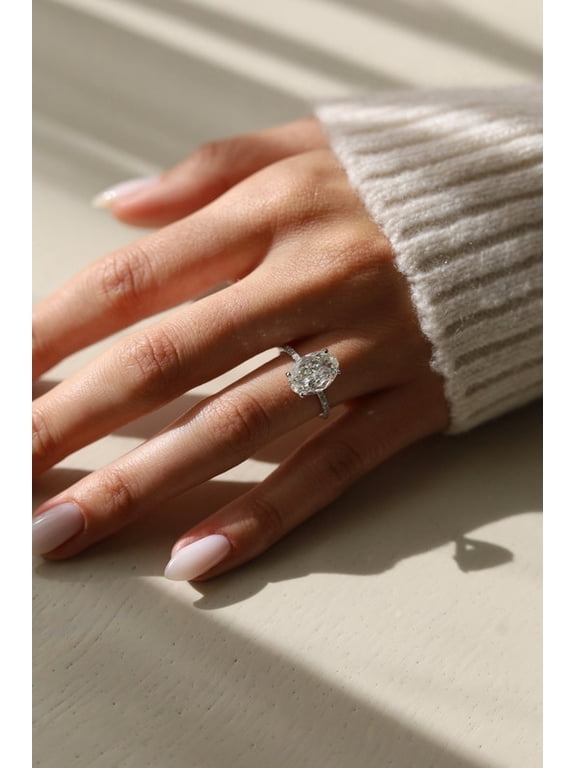 3.74Ct Oval Moissanite Diamond Engagement Ring 10K White Gold With Pave Band Hidden Halo
