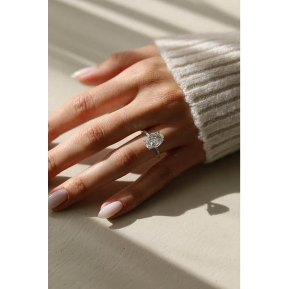 SOLITAIRE JEWELS 3.74Ct Oval Moissanite Diamond Engagement Ring 10K White Gold With Pave Band Hidden Halo