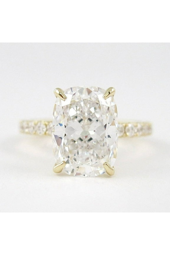 3.8CT Elongated Cushion Solitaire Pave Moissanite Engagement Ring for Women Solid 10k Yellow Gold