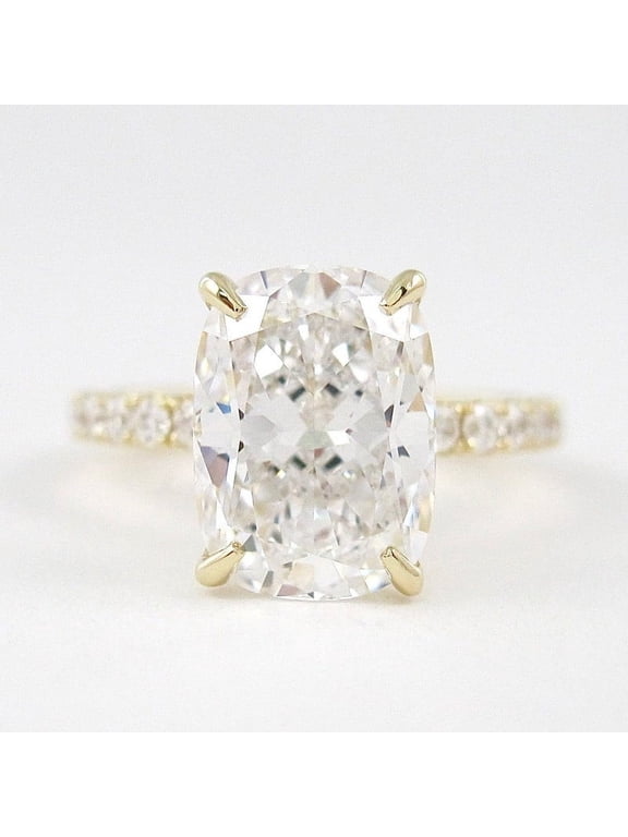 3.8CT Elongated Cushion Solitaire Pave Moissanite Engagement Ring for Women Solid 18k Yellow Gold, 18k Yellow Gold Solitaire Ring