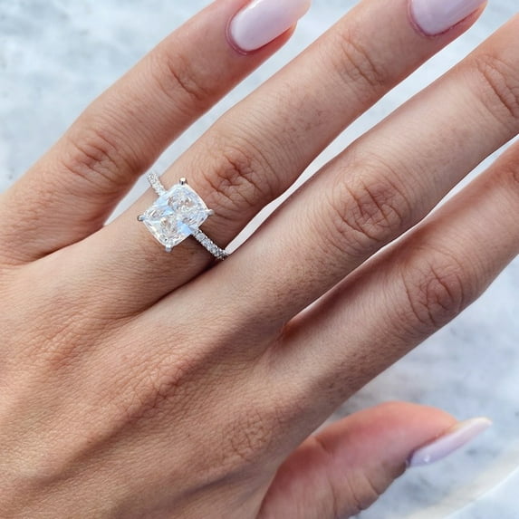 SOLITAIRE JEWELS 3Ct Elongated Cushion Moissanite Diamond Engagement Solitaire Ring With Pave 14K White Gold