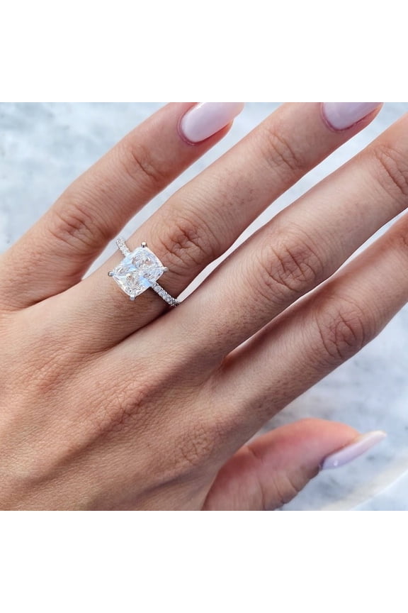 3Ct Elongated Cushion Moissanite Diamond Engagement Solitaire Ring With Pave 18K White Gold