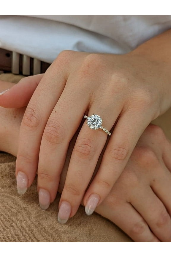 3Ct Round Brilliant Moissanite Diamond Engagement Ring 18K Yellow Gold With Bar Pave and Hidden Halo