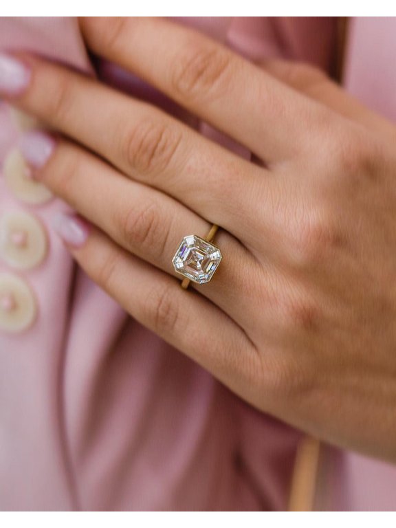 4.00CT Asscher Solitaire Bezel Moissanite Engagement Ring for Women Solid 10k Yellow Gold