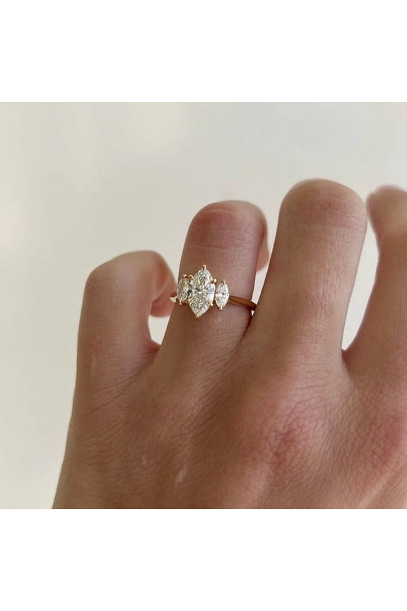2.00TCW Marquise Cut Moissanite Diamond Three Stone Style Solitaire Engagement Ring for Women, 10k Yellow Gold Solitaire Ring
