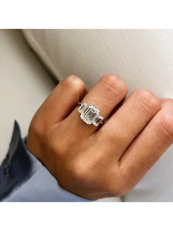 4 Carat Emerald Cut Three Stone Diamond Engagement Ring Solid 14K White Gold