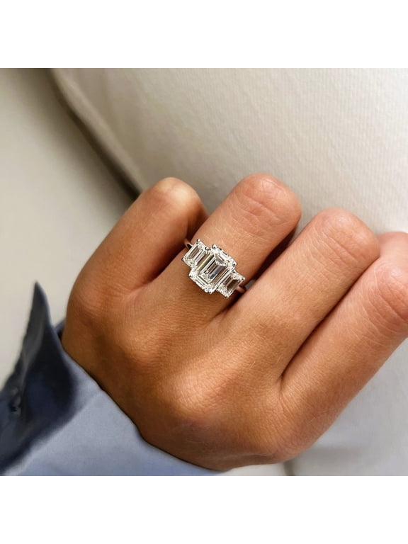 4 Carat Emerald Cut Three Stone Diamond Engagement Ring Solid 18K White Gold