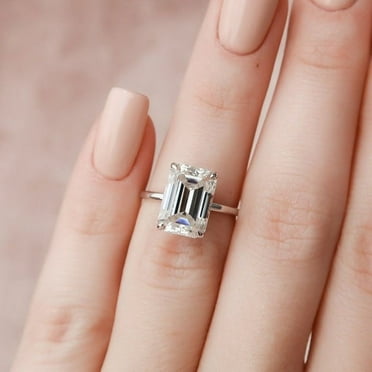 SOLITAIRE JEWELS 5.00CT Emerald Cut Hidden Halo Moissanite Diamond Engagement Ring Solid 10K White Gold
