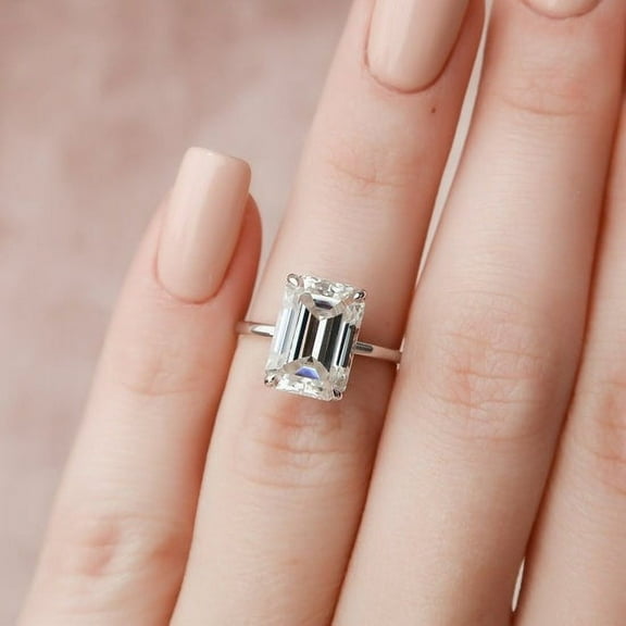 SOLITAIRE JEWELS 5.00CT Emerald Cut Hidden Halo Moissanite Diamond Engagement Ring Solid 10K White Gold