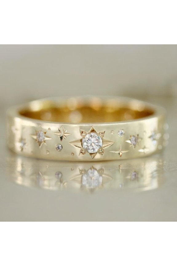 5MM Dainty Celestial Stars Engraved Moissanite Diamonds Bridal Eternity Band 10K Yellow Gold