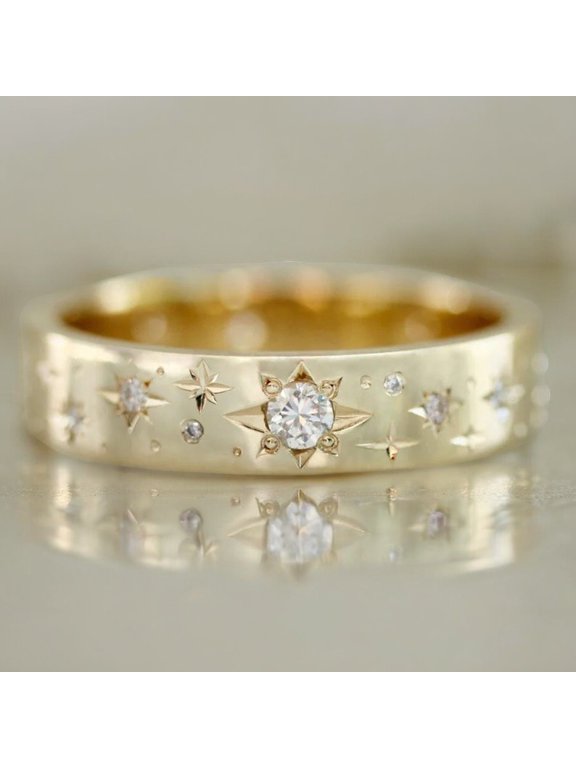 5MM Dainty Celestial Stars Engraved Moissanite Diamonds Bridal Eternity Band 14K Rose Gold