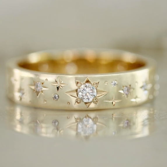 SOLITAIRE JEWELS 5MM Dainty Celestial Stars Engraved Moissanite Diamonds Bridal Eternity Band 14K White Gold