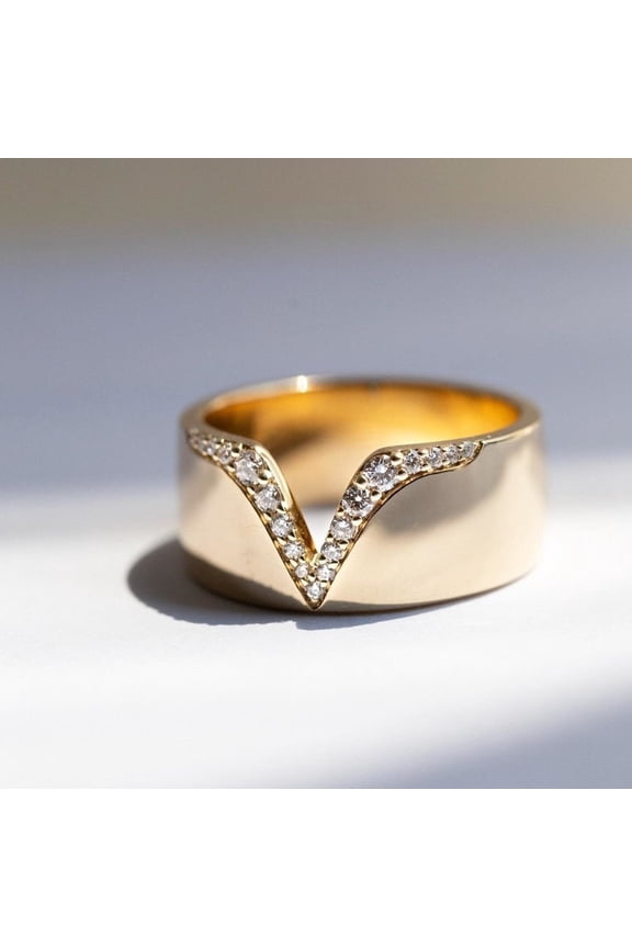 7.00MM Round Cut Moissanite V Shaped Stackable Wide Wedding Band for Women in 10K Yellow Gold