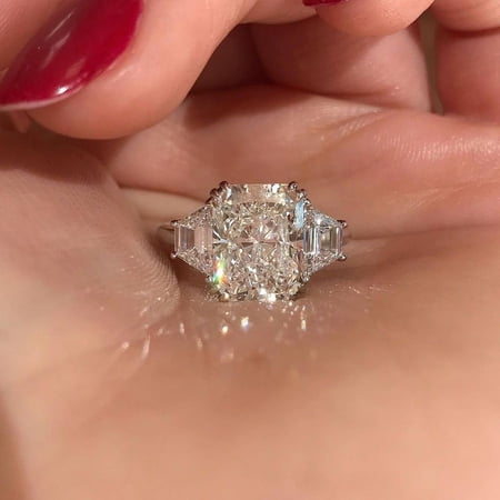 SOLITAIRE JEWLES 2.5CT Radiant With Side Tapered BaguetteThree Stone Moissanite Engagement Ring 10K White Gold