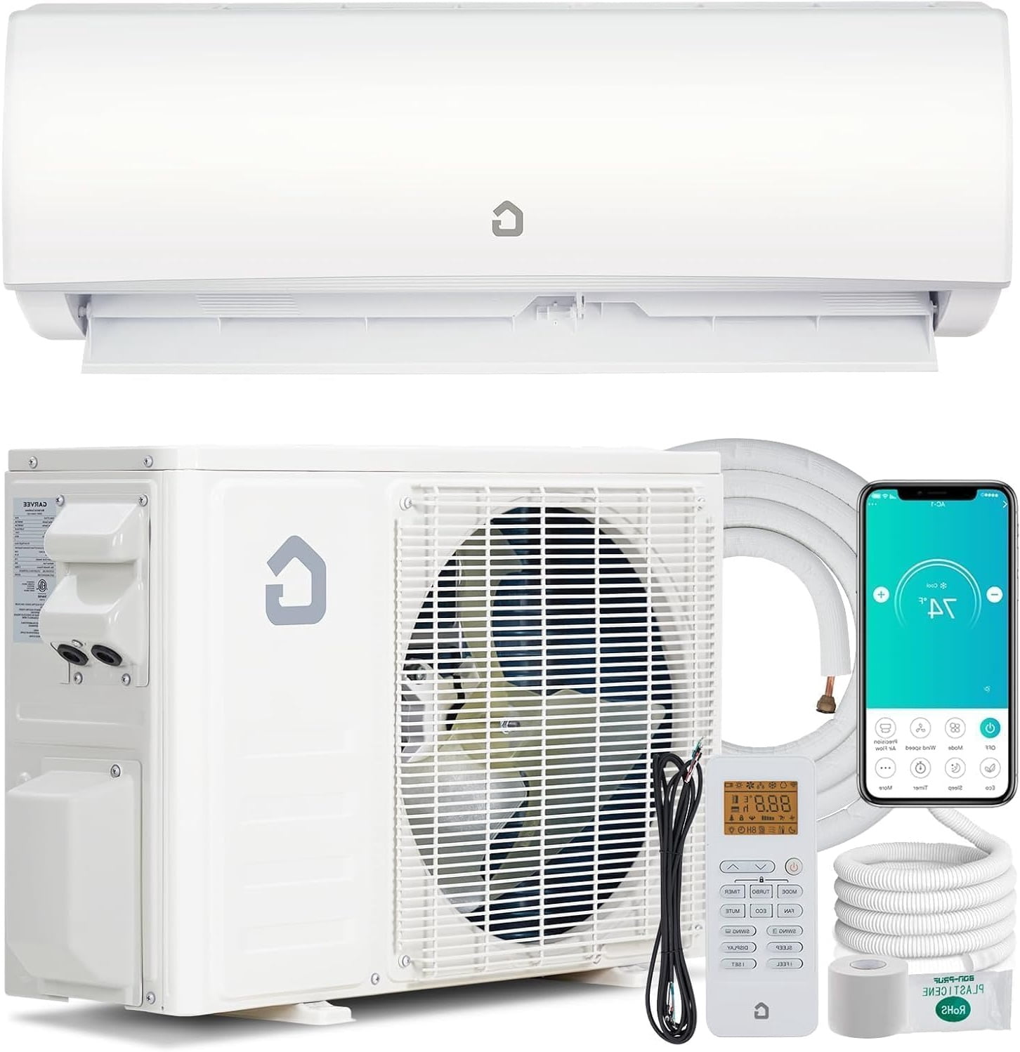 SOLLED 18,000 BTU Mini Split Air Conditioner & Heater, 23 SEER2 Ductless Inverter AC, Smart WiFi & Alexa, Pre-Charged, Cools/Heats 1,250 Sq.Ft, 208/230V, White