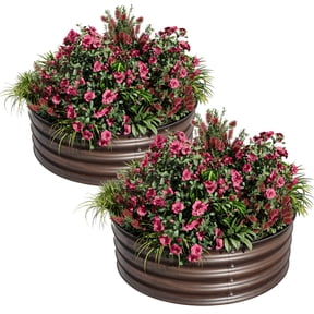 SOLLED 2 Pack Round Raised Garden Bed 2ft x 1.5ft, Galvanized Metal Planter Boxes with Rubber Edging, Open Bottom for Vegetables Flowers Herbs,Brown