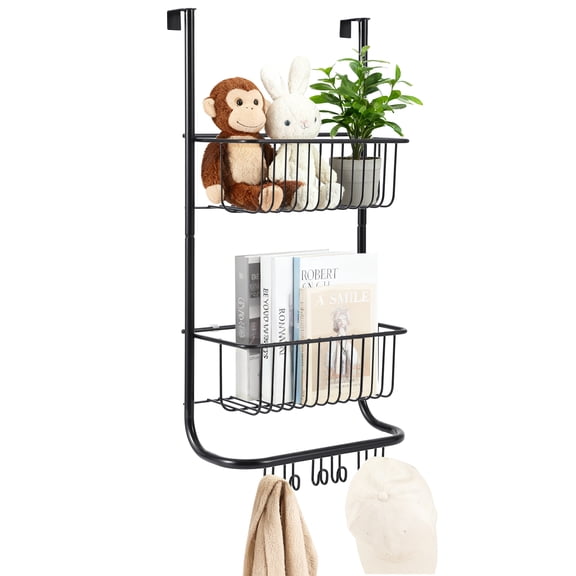 SOLLED 2-Tier Over The Door Shower Caddy Organizer, Metal Hanging Storage Rack with 2 Baskets & 6 Hooks for Bathroom Bedroom Pantry, 11.8" x 24.2",Black