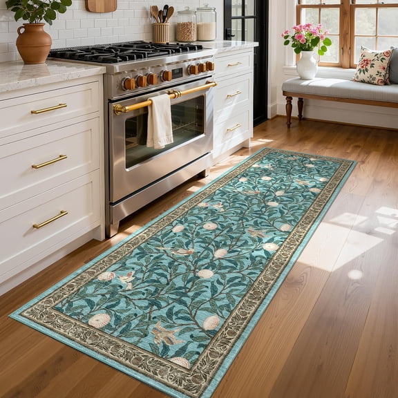 SOLLED 2x6 ft Boho Leaf Area Rug, Machine Washable Large Botanical Bird Carpet with Non-Slip Backing Soft Low Pile for Living Room Bedroom Dining Room