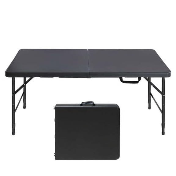 SOLLED 4FT Folding Table, Heavy Duty Plastic Portable Desk with Handle, 300LBS Capacity, Adjustable Height for Camping Picnic Indoor Outdoor,Black