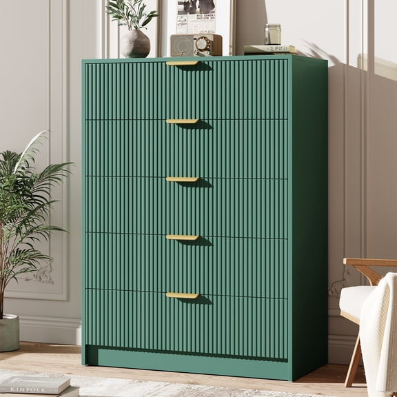 SOLLED 5 Drawer Dresser 41 Inch Tall, Modern Fluted Chest with Golden Metal Handles & Anti-Tip Kit, Vertical Storage Organizer for Bedroom Living Room Hallway,Green