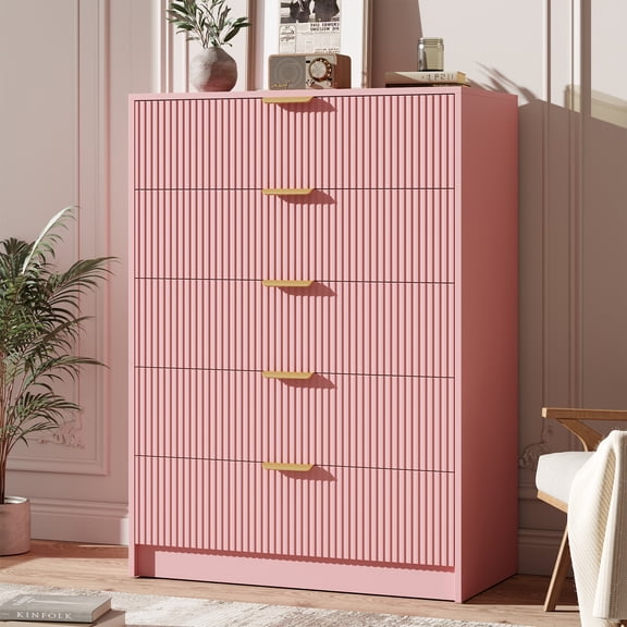 SOLLED 5 Drawer Dresser 41 Inch Tall, Modern Fluted Chest with Golden Metal Handles & Anti-Tip Kit, Vertical Storage Organizer for Bedroom Living Room Hallway,Pink