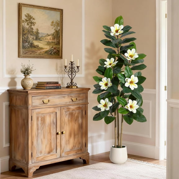 SOLLED 5FT Artificial Magnolia Tree with White Blooms, Faux Flowering Plant/White in Pot for Living Room Bedroom Office Entryway Home Decor, Spring Summer Decoration