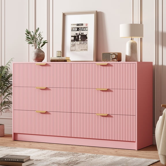 SOLLED 6 Drawer Dresser 55 Inch, Modern Fluted Chest with Gold Metal Handles – Multi-Purpose TV Stand Storage for Bedroom Living Room,Pink