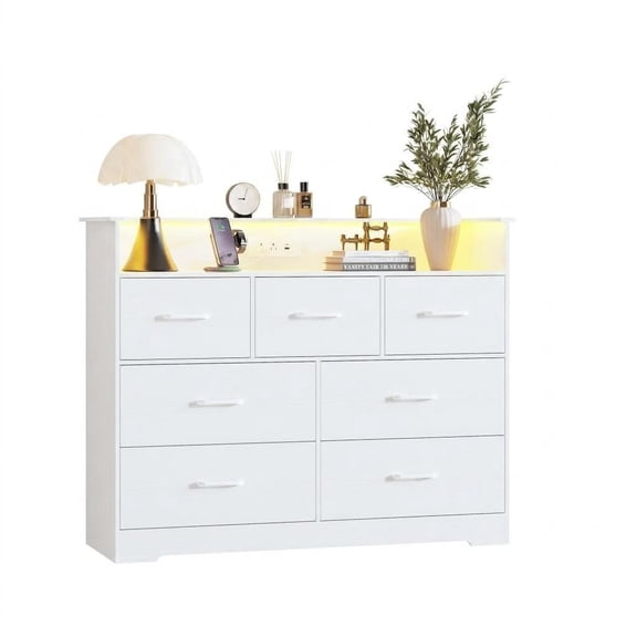 SOLLED 7-Drawer Dresser with LED Lights & Charging Station, Modern Storage Chest for Bedroom Living Room Entryway, Wide Wood Organizer with Open Shelf,White