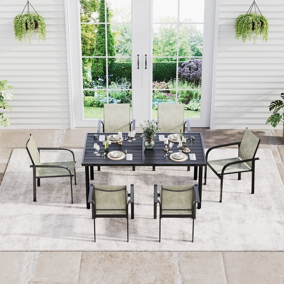 SOLLED 7 Piece Patio Dining Set for 6, 55" Outdoor Table with 6 Textilene Chairs, Iron Armrests for Lawn Porch Balcony Poolside,Black+Beige
