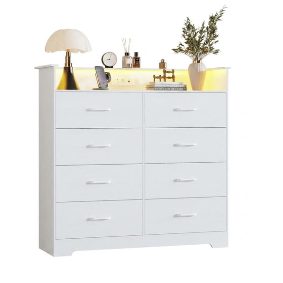 SOLLED 8-Drawer Dresser with LED Lights & Charging Station, Modern Storage Chest Organizer for Bedroom Living Room Entryway, Large Capacity Wood Cabinet with Open Shelf,White
