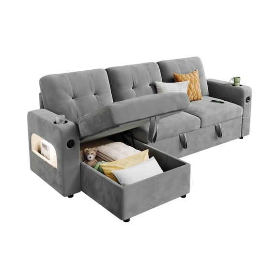 SOLLED 84 Inch Sleeper Sofa Bed, Modular Sectional Couch with USB Charging & LED Lights, Reversible Chaise Storage Convertible Sofa for Living Room Apartment,Gray