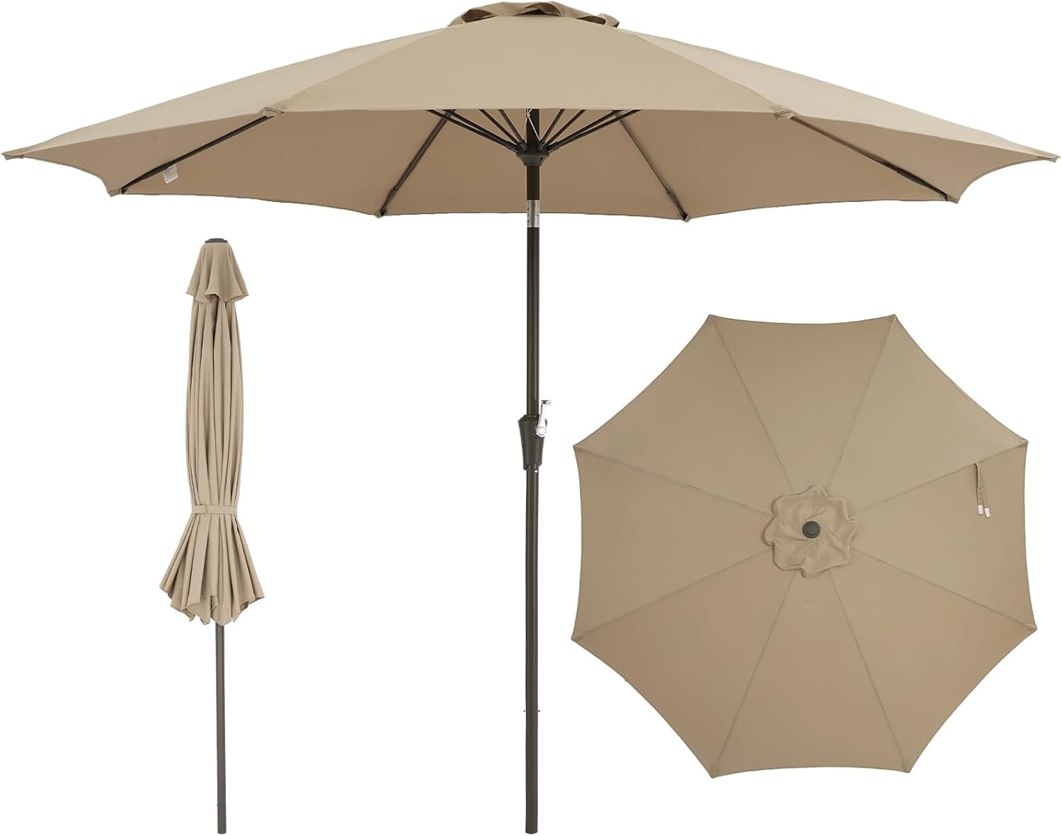 SOLLED 9FT Patio Umbrella with Push Button Tilt & Crank, Outdoor Market Table Umbrella with 8 Ribs for Garden Backyard Deck Pool,Brown
