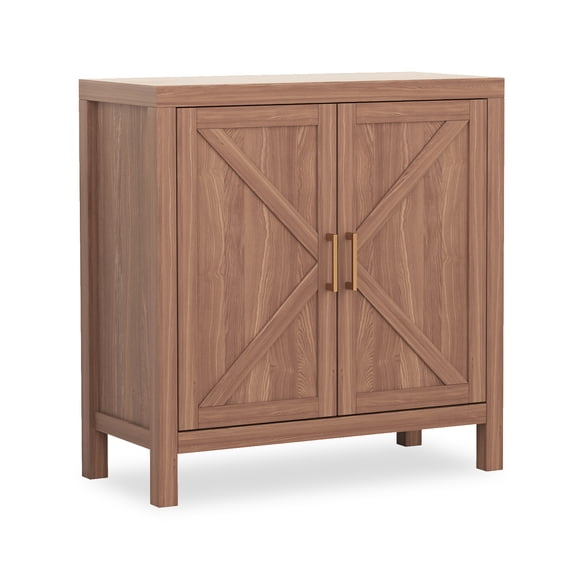 SOLLED Barn Door Storage Cabinet 30"x14"x35.5"  3-Tier X-Design Double Sliding Doors, Adjustable Shelf  Console Table for Entryway Living Room, Oak Finish