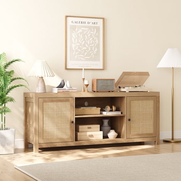 SOLLED Boho Rattan TV Stand 58 Inch Natural Oak Entertainment Center with 2-Tier Storage for Living Room Bedroom, Farmhouse Style