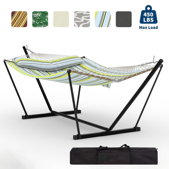 SOLLED Double Hammock with Stand, 2-Person Portable Hammock with Curved Spreader Bar & Balance Ropes, Heavy Duty 450 LBS Capacity for Backyard Patio Camping,Light Blue and Green