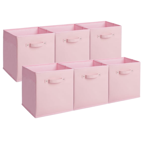 SOLLED Fabric Storage Bins 6-Pack, 11 Inch Foldable Cube Organizer Baskets with Faux Leather Handles, Collapsible Storage Boxes for Closet Shelves, Clothes, Toys,Pink