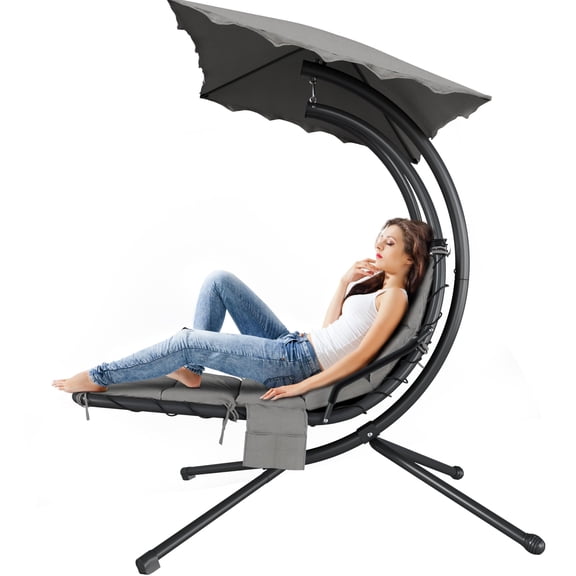 SOLLED Hanging Chaise Lounge Swing Chair with Umbrella, 74.8"x45.3"x78.7" Curved Steel Hammock Lounger for Outdoor Indoor Patio Pool, 330 lbs Capacity,Gray