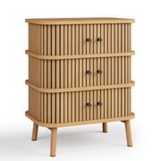SOLLED Mid-Century Boho 3-Drawer Dresser, Wicker Storage Cabinet with Black Handles & Wood Legs for Bedroom Living Room Entryway, Wild Oak