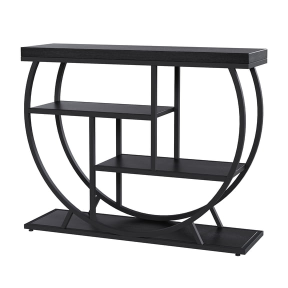 SOLLED Narrow 4-Tier Console Table, 39.4" Accent Table with Half-Moon Iron Base, Rustic MDF Shelves, Space-Saving Storage for Entryway, Hallway, Living Room, Industrial Farmhouse,Black